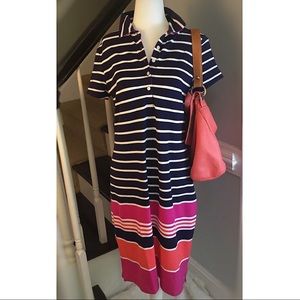 LAND END Polo Dress Navy Blue White  Stripes SM